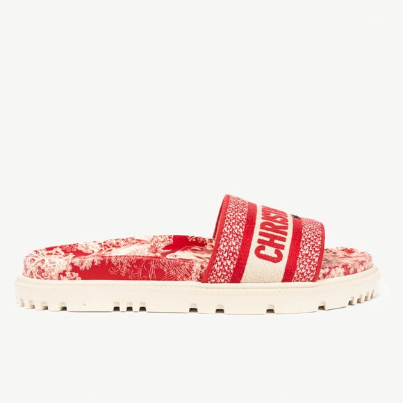 Christian Dior Dway Red Toile du Jouy Flowers Embroidered Slides - Picture 2 of 11